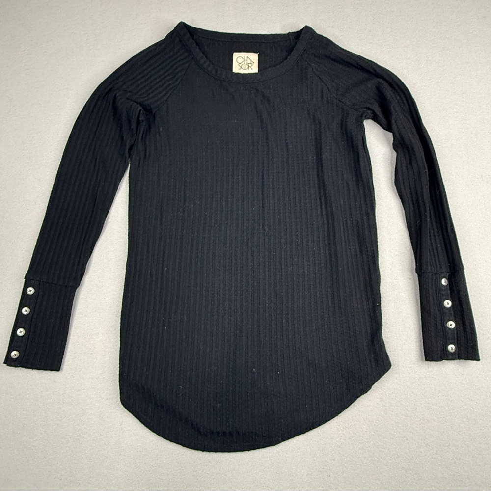 Chaser Waffle Knit Thermal Top Womens S Black Button Cuff Long Sleeve Tunic